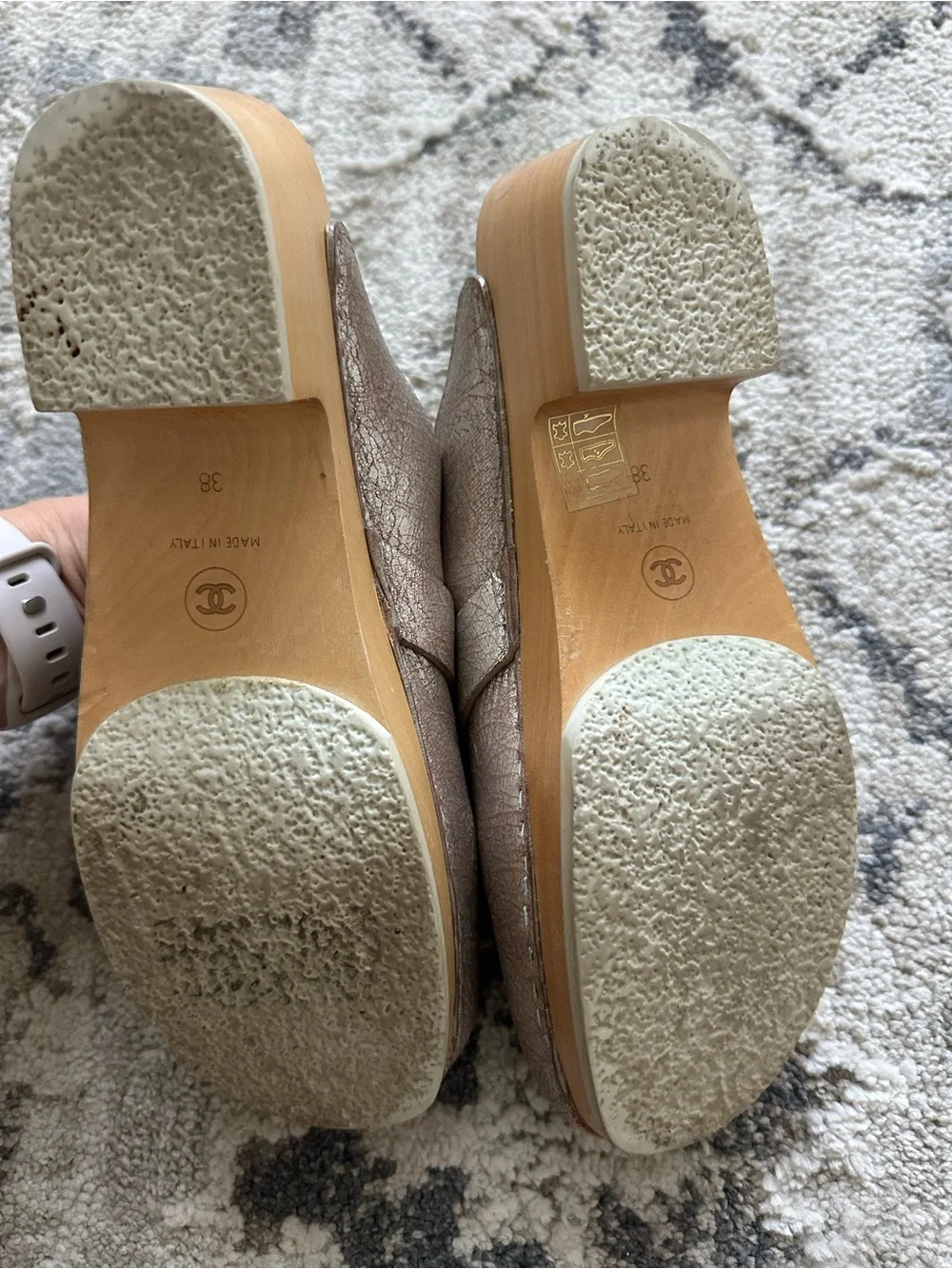 Chanel Metallic Silver Crack Leather Wooden Clogs Size 38